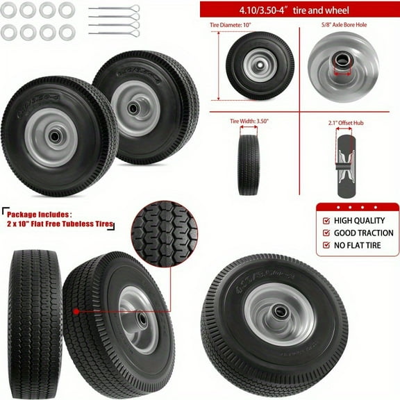 10 Solid Tire Replacement 4.10 3.504 Flat Free Tire and Wheel for Garden Carts Hand Trucks Wheelbarrows 10x3.504 with 5 8 Axle Bore 2 1 4 Offset Hub 2 Pack