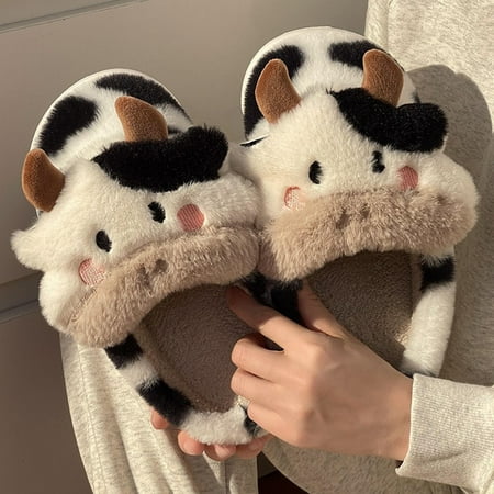 

PIKADINGNIS Soft Cute Cow Cotton Slippers Winter Students Home Non-Slip Slippers Winter Warm Couple Cartoon Milk Cow Fluffy Fur Slippers