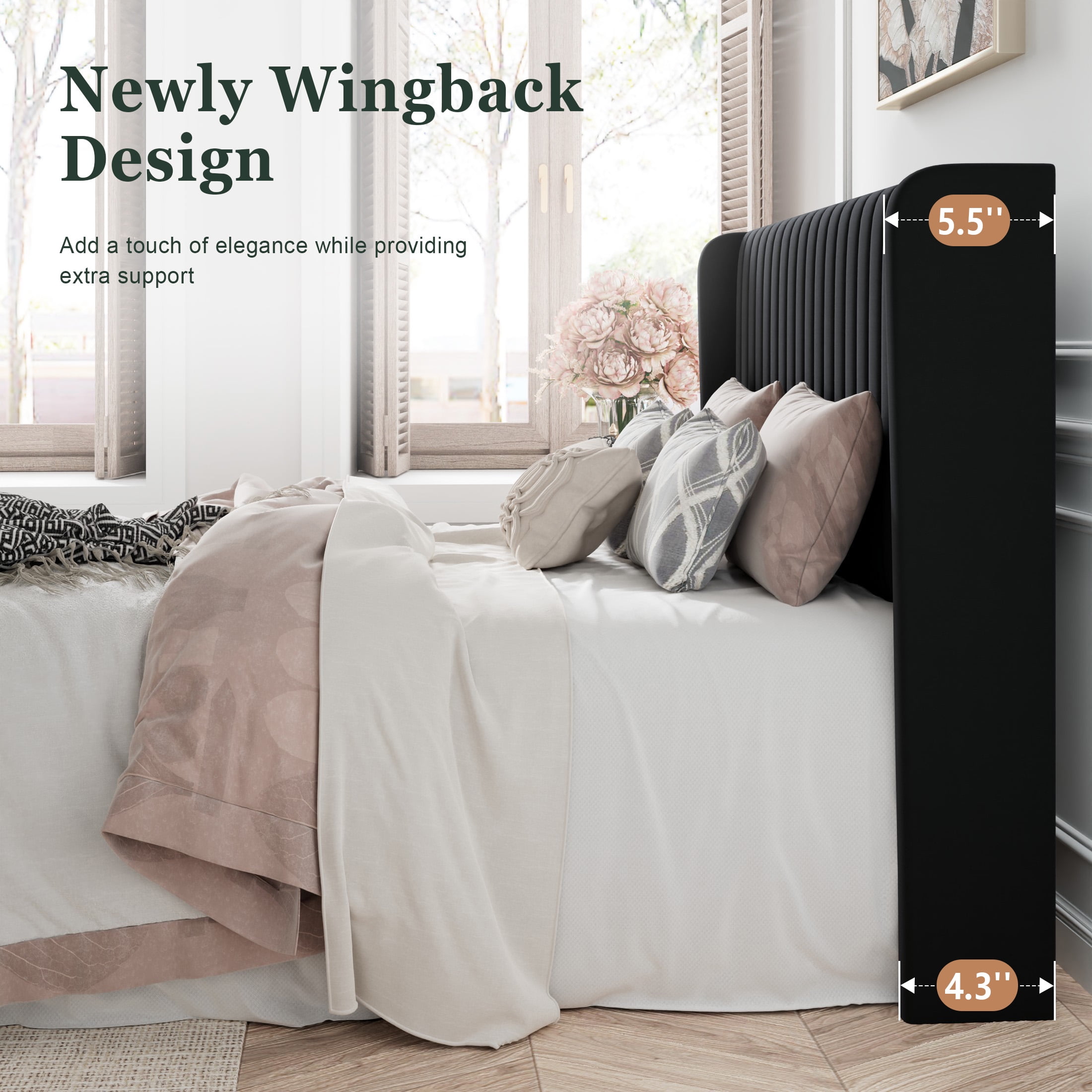 Amolife Queen Velvet Upholstered Bed Frame with Wingback Headboard, Vertical Stripes, Black  (图4)