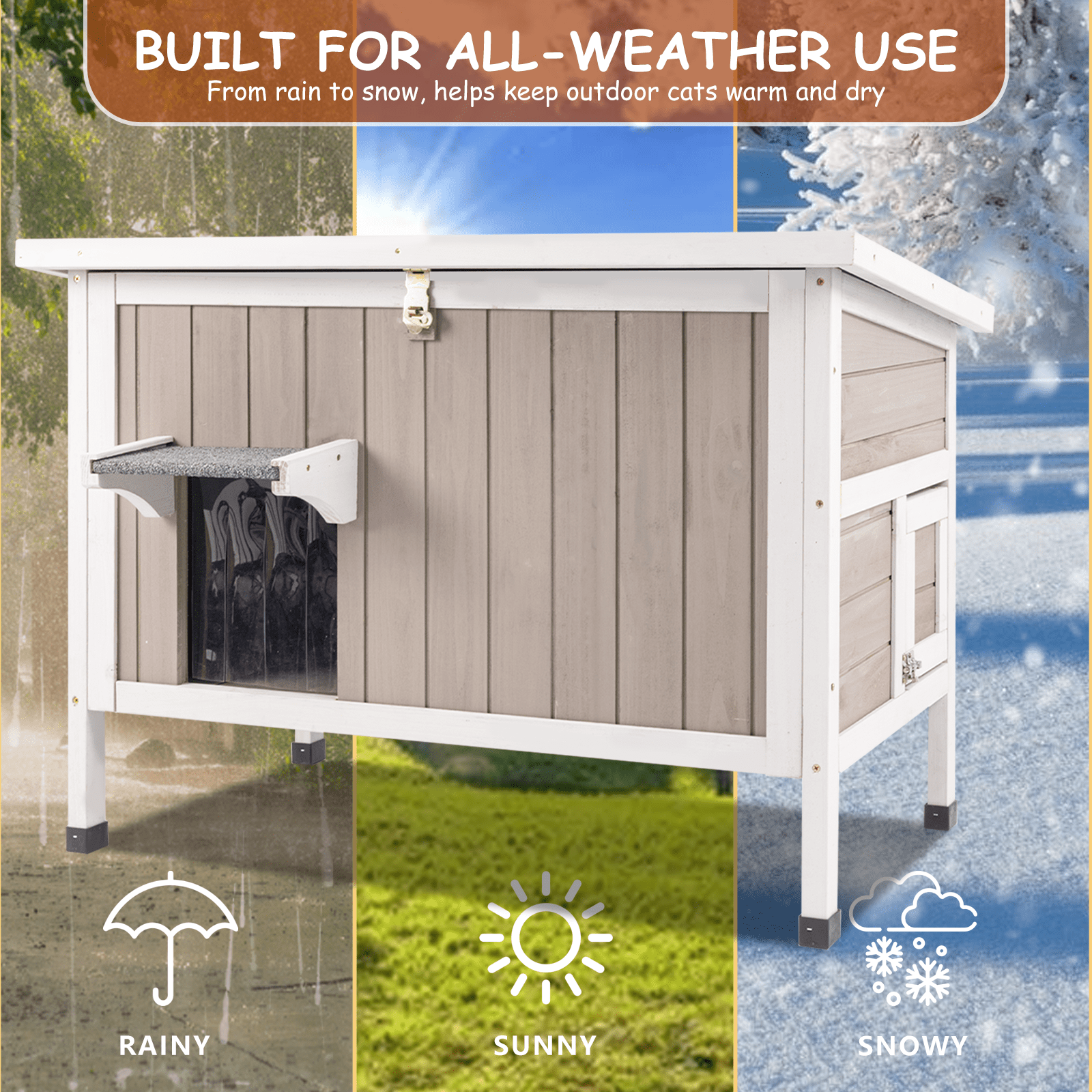 Gowoodhut Cat House Insulated Wooden Cat Shelter for Outdoor with Escape Door, Gray