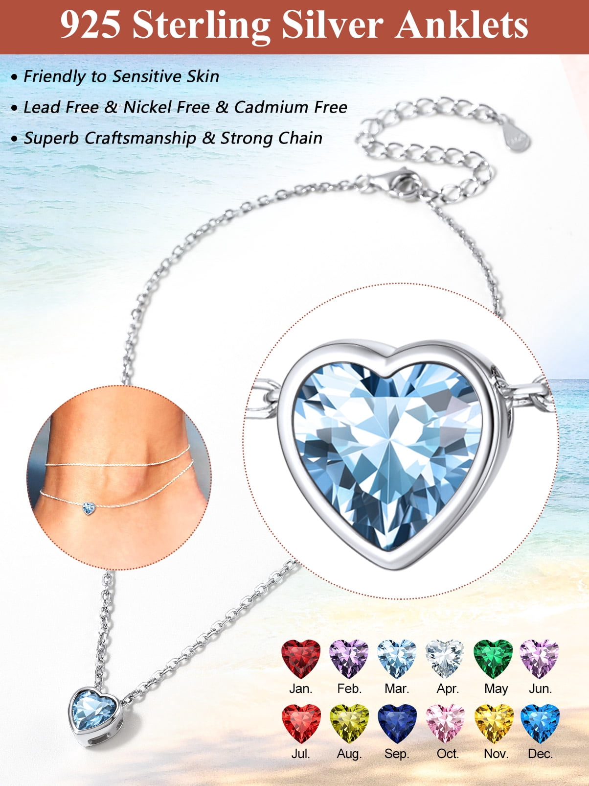 Silvora Heart Anklet Bracelet for Women March Blue Aquamarine Sterling Silver Anklet Summer Beach Foot Jewelry for Her Wife Daughter Mom