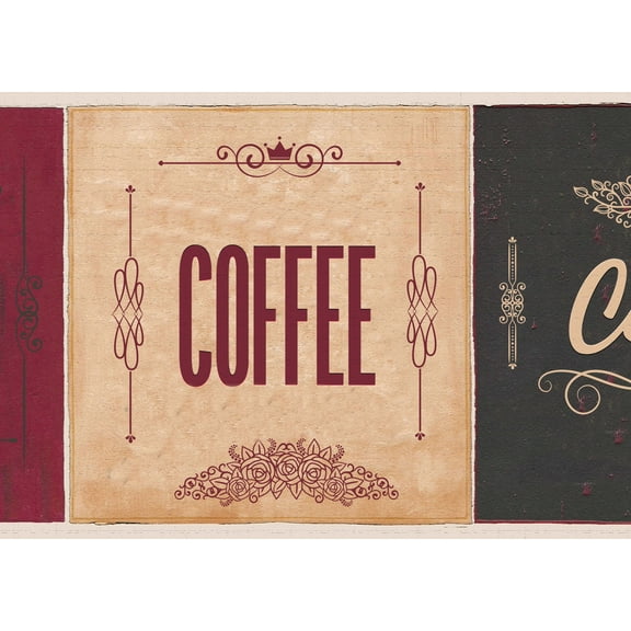 Dundee Deco Peel and Stick Self Adhesive Wallpaper Border - Kitchen Burgundy, Coffee, Cookies, 15 ft x 7 in