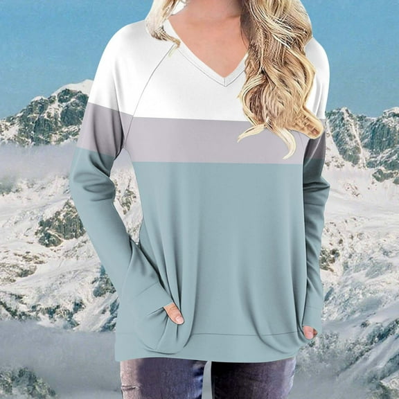 HOMBOM Womens Light Blue T-Shirts V-Neck Long Sleeve Colorblock Tops with Pocket for Ladies Trendy