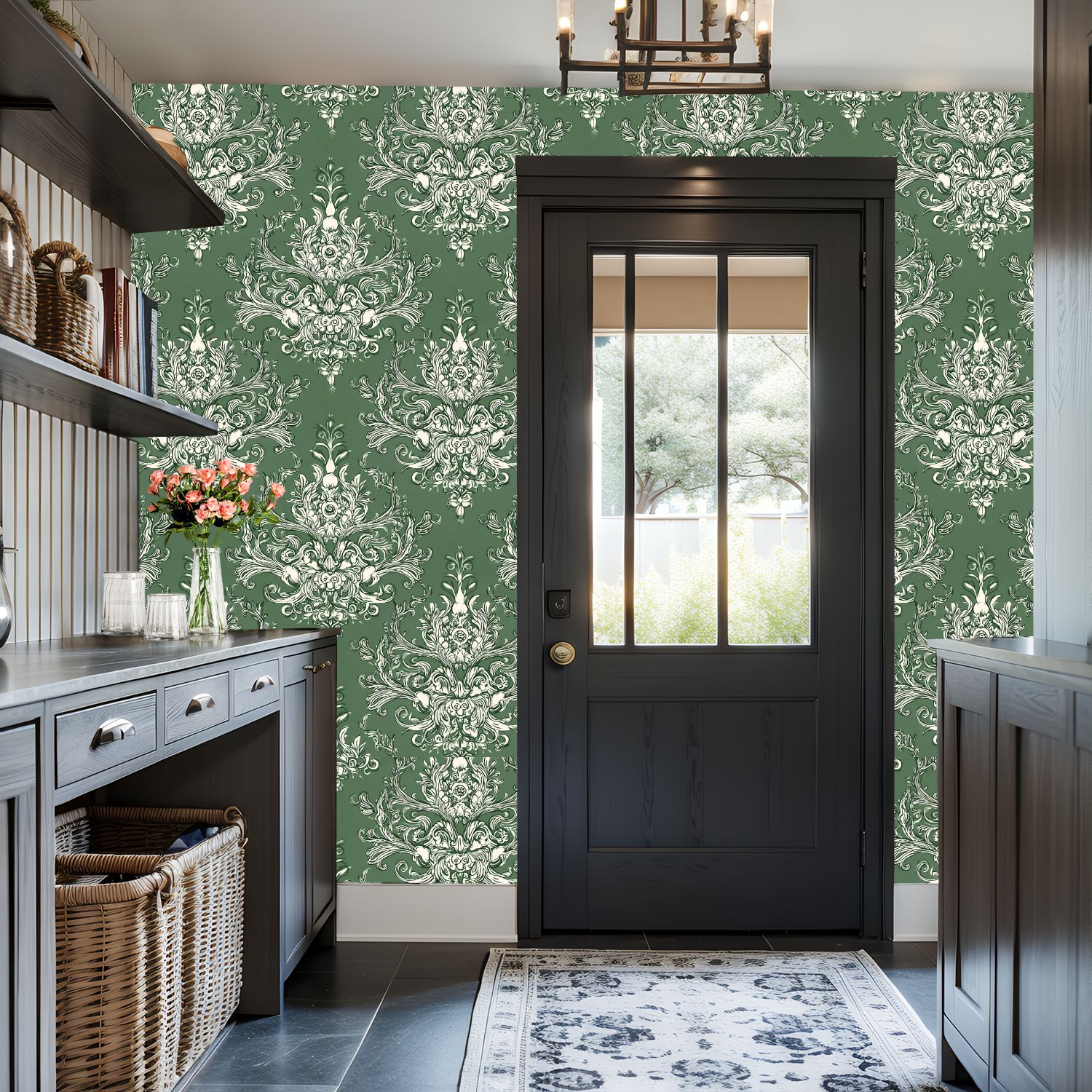 Vintage Peel and Stick Wallpaper 17.7in x 9.8ft Elegant White Floral Damask Green Contact Paper Vinyl Waterproof Self Adhesive Wall Paper for Bedroom Shelf Cabinet Renter Friendly