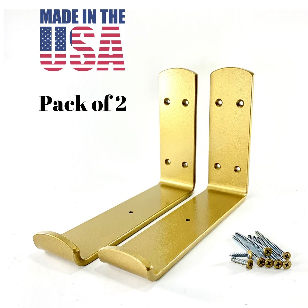 2 Pack J Bracket Shelf Bracket, 7.25", Powder Coated Gold, Round ends