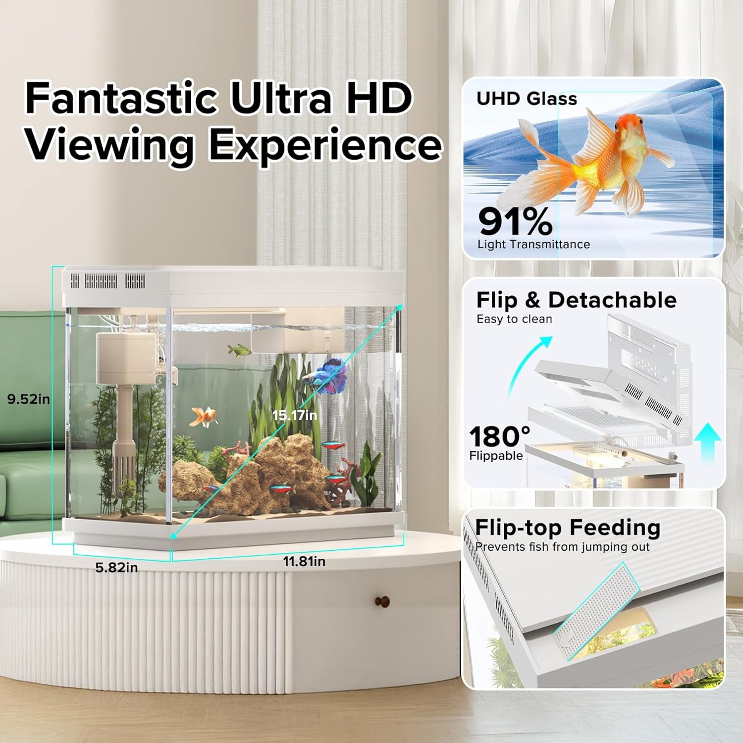 Fish Tank 2.4 Gallon Aquarium Kit with Humidifier 7-Color Auto-Looping 3 in 1 Quiet Pump with Filteration & Oxygenation & Circulation, Temperature Display, HD Glass