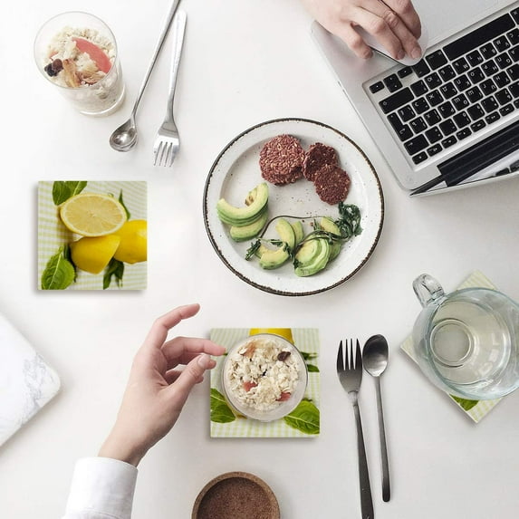 FMSHPON Lemon Set of 8 Coaster for Drinks, Absorbent Ceramic Stone Coasters Cup Mat with Cork Base for Home Kitchen Room Coffee Table Bar Decor