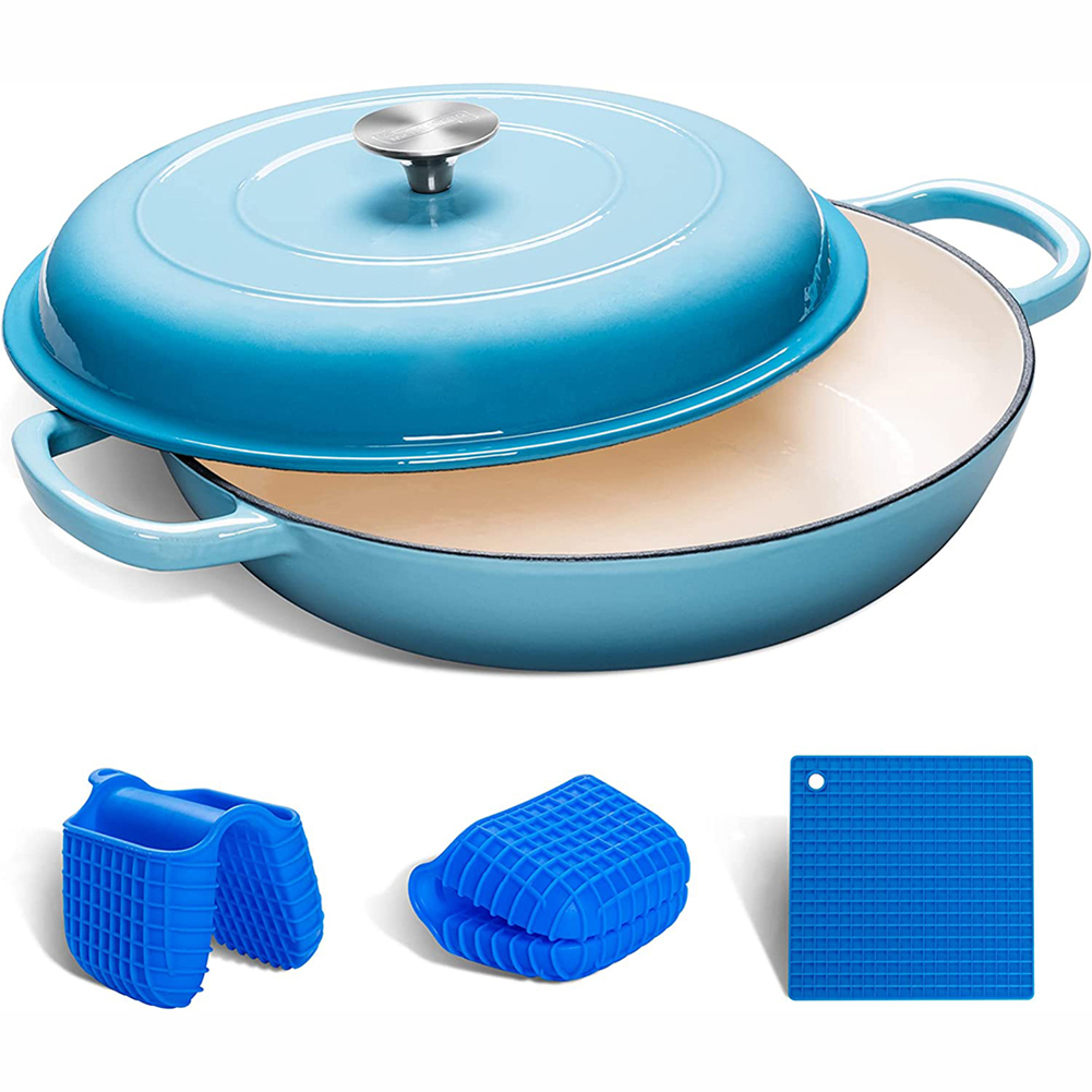 3.5 quart enameled cast iron braiser with lid, cast iron casserole dish with lid, enameled cast