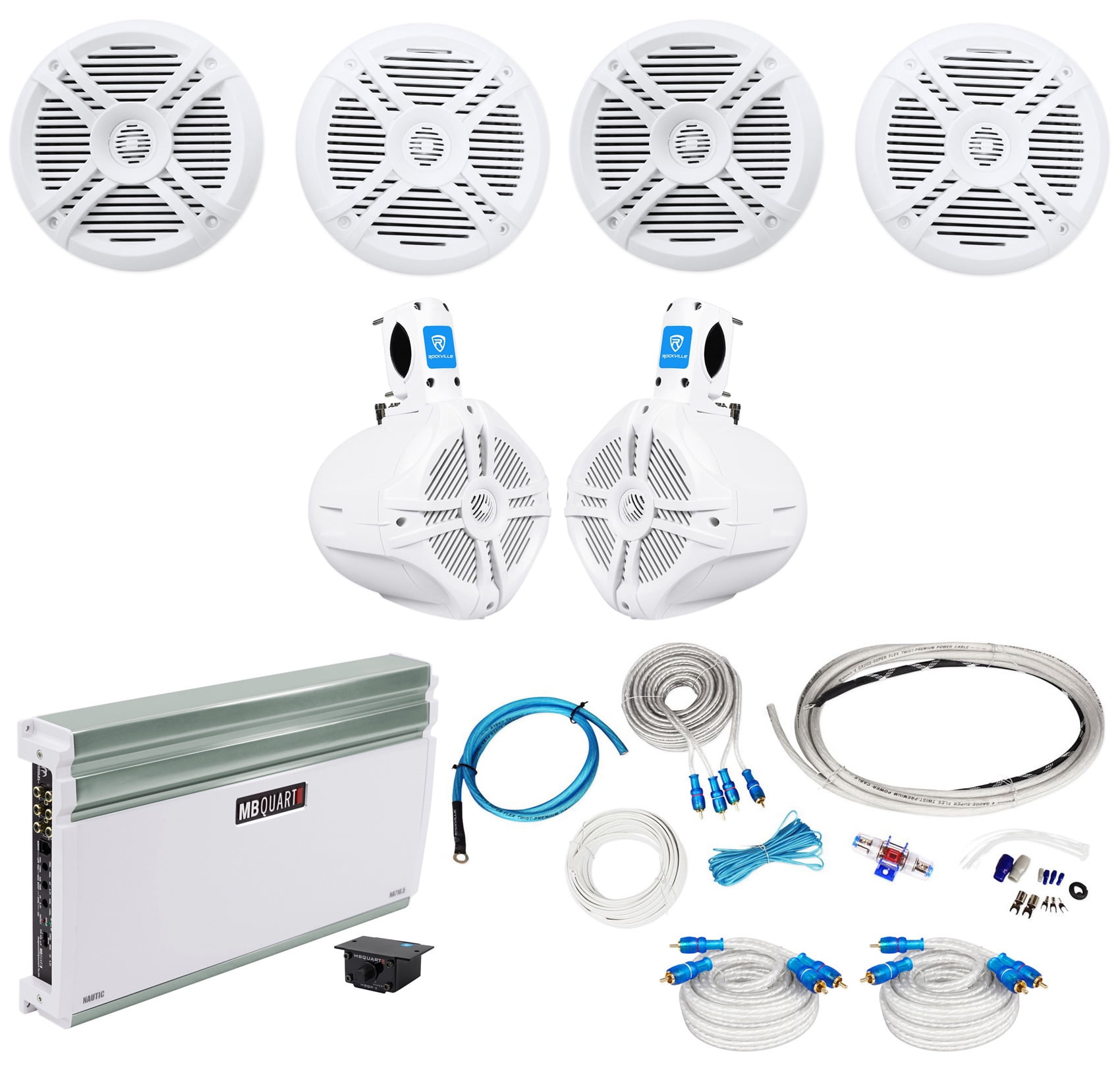 (4) Rockville RMSTS65W 6.5" Marine Speakers+(2) Wakeboards+MB Quart Amp