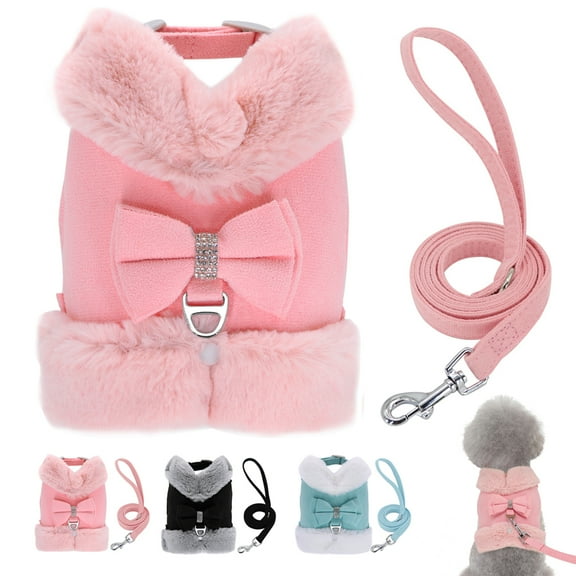 Cute Bow Fleece Dog Harness and Leash set Pet Puppy Vest Jacket with Warm Collar