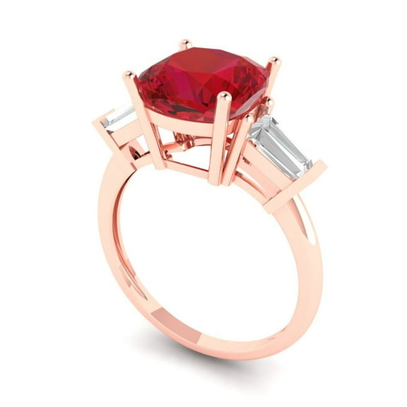 3 ct Cushion Cut Simulated Pink Tourmaline Three-Stone Engagement Ring for Women in 14K Rose Gold