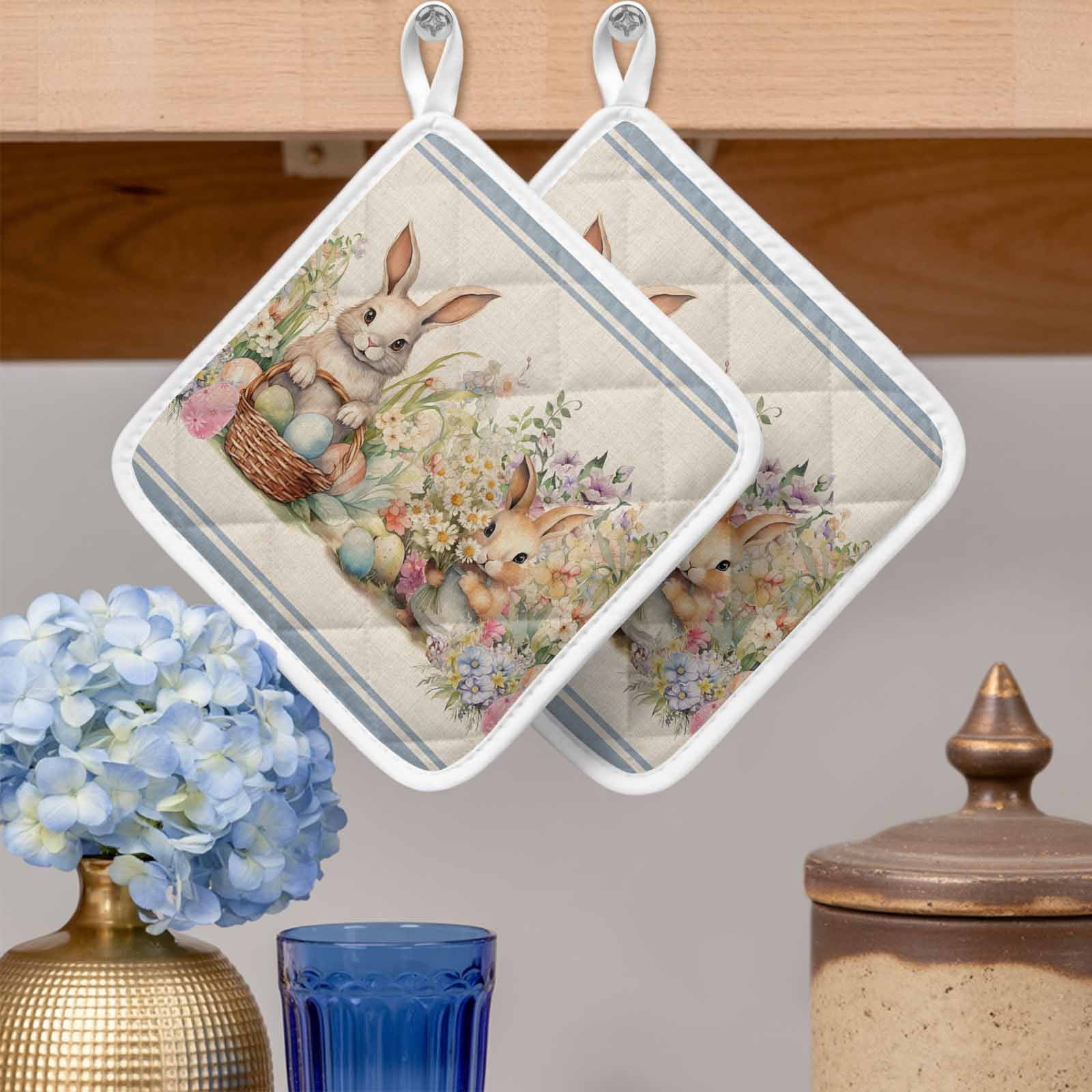 Easter Bunny Blue, Pot Holders for Kitchen Heatproof Potholder, 3 Pack Rustic Daisy Flower Easter Basket Egg Hot Pads Multipurpose Oven Pads Cloth Potholders Trivet for Cooking Baking