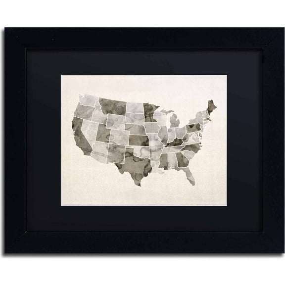 Trademark Fine Art "United States Watercolor Map" Canvas Art by Michael Tompsett, Black Matte, Black Frame