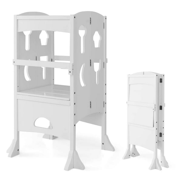 HONEY JOY Kitchen Step Stool for Toddlers, Children Wooden Standing Tower w/Safety Rail, Montessori Foldable Kids Learning Stool for Kitchen Counter(White)