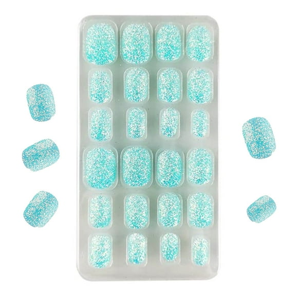 24 Pieces Kids Press on Nails Pre-glue Children False Nails Stick on Short Full Cover Artificial Fake Nails Glitter Acrylic Nail Tips for Little Girls Gift Nail Art Designs - Ice blue
