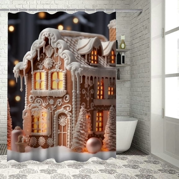 Pratyus Gingerbread House Christmas Tree Printed Shower Curtain Decor with Hooks, 100% Polyester Fabric, Bathroom Decoration for Christmas, Waterproof and Quick Drying 36x72