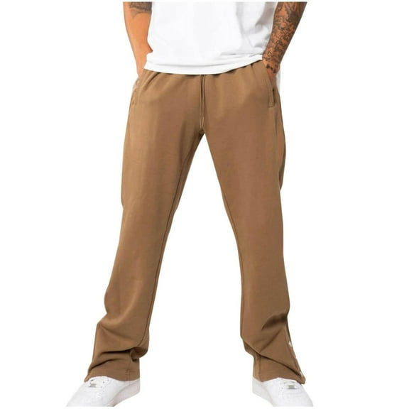 Diufon Cotton Wide Leg Sweatpants for Men Elastic Waist Drawstring Button Hem Loose Jogger Pants with Pockets