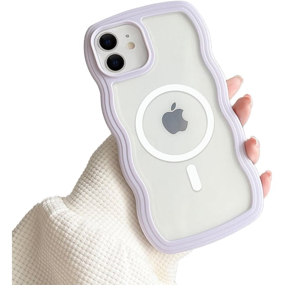 Compatible for Clear iPhone 12 Case with Magnetic Fitting for Magsafe Case Cute Curly Wave Aesthetic Bumper Phone Case for Girls Women TPU Protective Cover -Purple