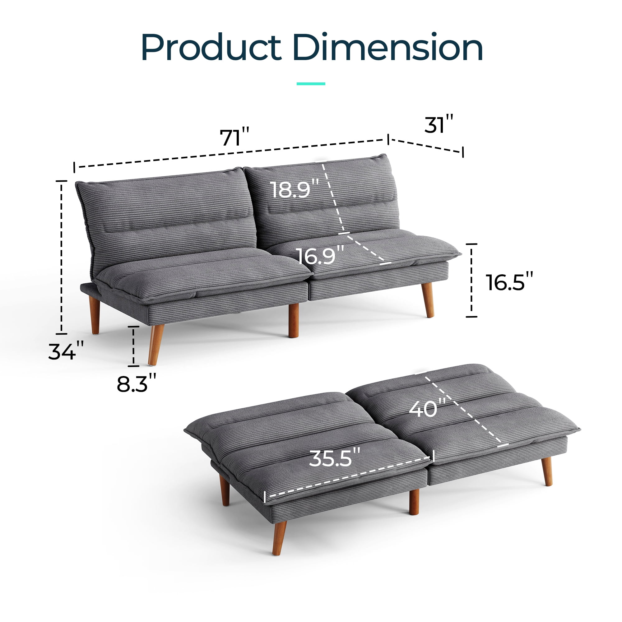 LINSY HOME Futon Sofa, Convertible Futon Sofa Bed for Living Room, Dark Gray