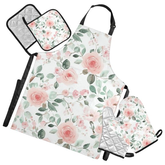 Soft Pink Watercolor Floral 5 Pcs Kitchen Set Heat Resistant Oven Mitts and Non-Slip Pot Holders with Adjustable Cooking Apron