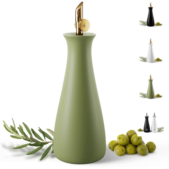 Ceramic Olive Oil Dispenser with Self-Closing Gold Spout - 530 ML Capacity Matte Green Ceramic Oil Dispenser for Kitchen - Leak Proof EVOO Dispensing Bottle - Stylish, Ergonomic, Durable, Easy Pour