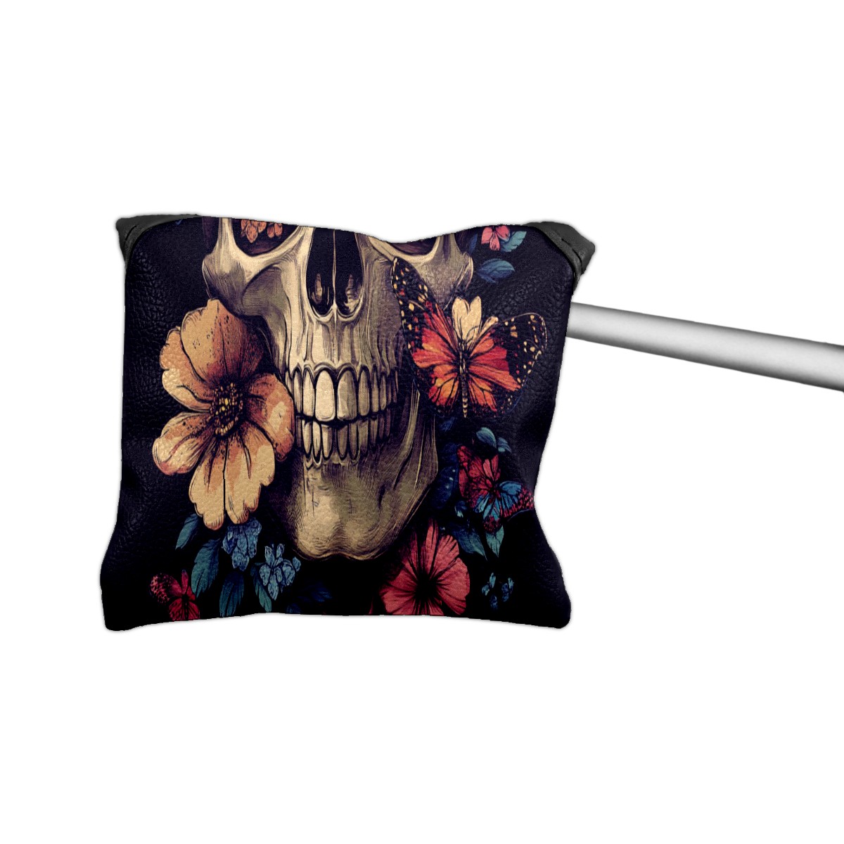 Golf Mallet Putter Cover Premium Leather Waterproof Golf Putter Head Cover with Magnetic Closure Skull with Butterflies and Flowers