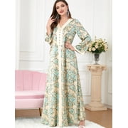 OBEEII Muslim Abaya Dress for Women Elegant Floral Islamic Dubai Long Sleeve Kaftan Maxi Dress Eid Party Loose Fit Muslim Prayer Dresses