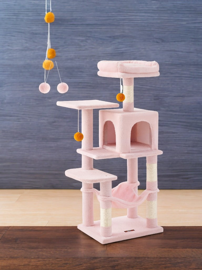 Feandrea 44.1' Cat Tree Tower for Indoor Cats ,Multi-Level Cat Condo Cat Furniture with Scratching Posts, Perches, Hammock, Cave ,Jelly Pink
