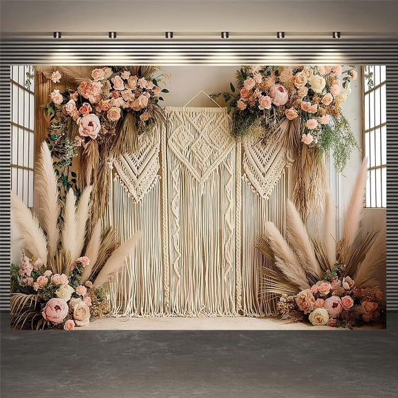Bohemian Pampas Grass Wedding Backdrops Retro Boho Flowers Window Bridal Shower Photography Background Bohemian Room Birthday Party Decorations Banner Supplies Photo Booth Props