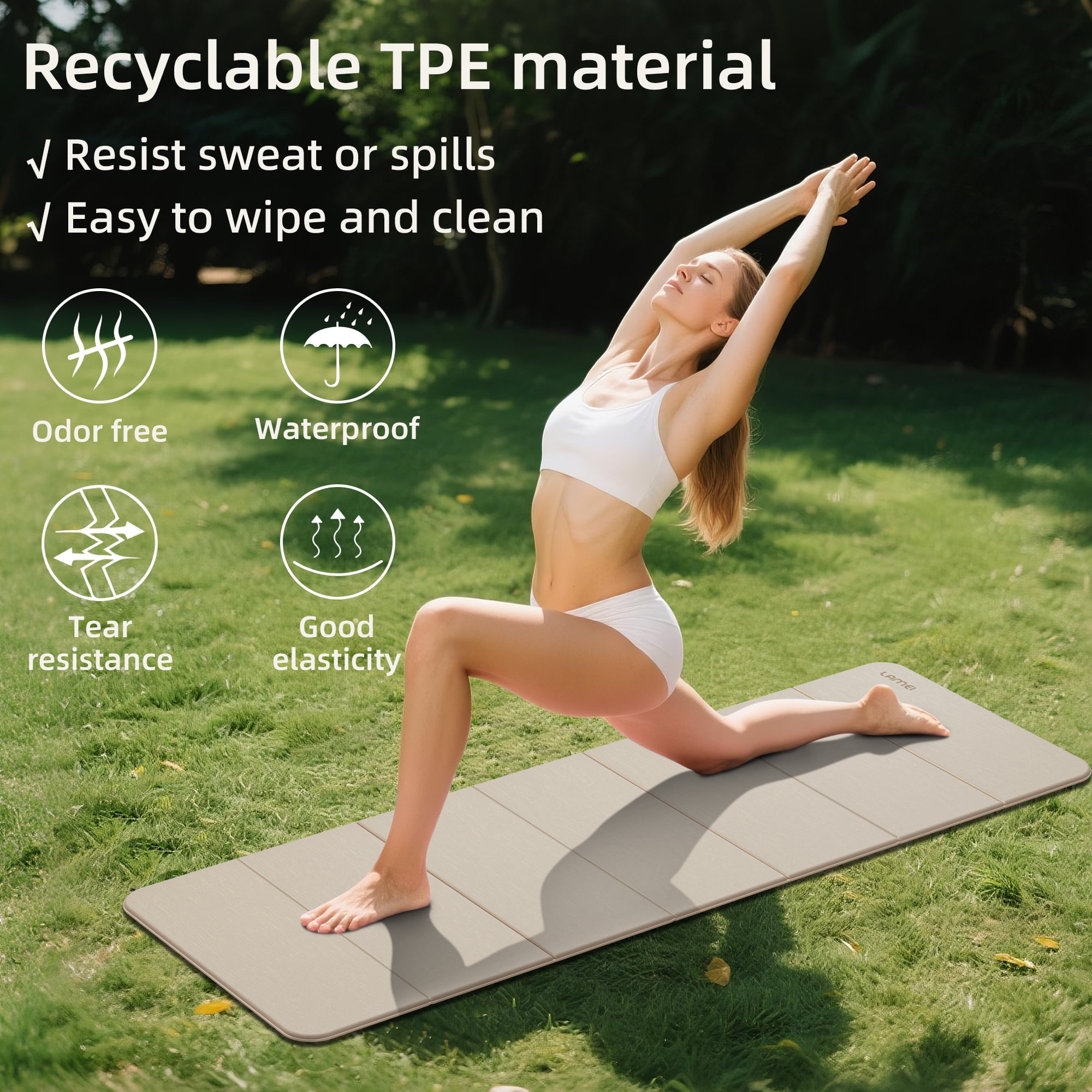 Lamei Foldable Yoga Mat, Extra Thick 1/2 inch Exercise Mat for Home Workout, Non-Slip Pilates Mats, Easy Storage, Quick Fold, No Curl(Beige)