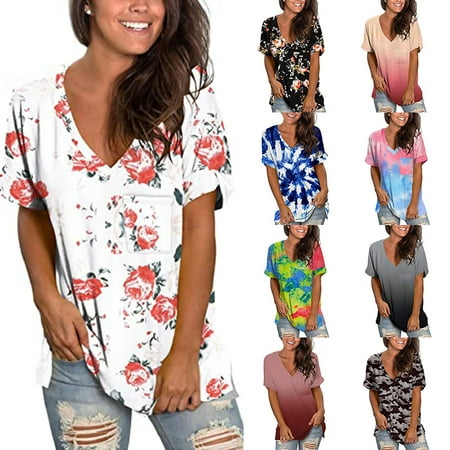 Women's Casual Loose V-neck Printed T-shirt Tops | Walmart Canada