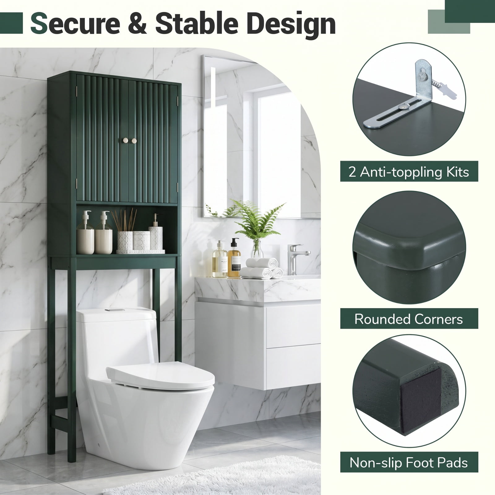 Vebreda Over-the-Toilet Storage Cabinet with Fluted Doors and 3-Position Adjustable Shelf, Freestanding Bathroom Space Saver, 66 in, Green