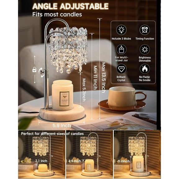 Crystal Candle Warmer Lamp with Timer Dimmer, Silver Chrome - Elegant Home Decor for Jar Candles