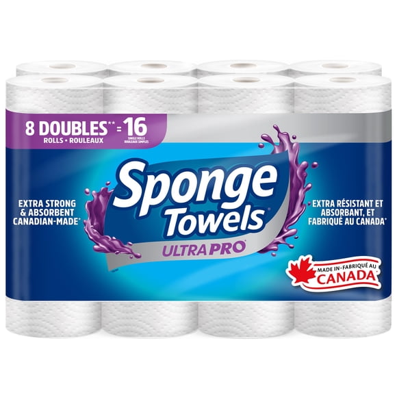 SpongeTowels Essuie-Tout UltraPRO, Ultra Résistant et Absorbant, Feuilles à Taille au Choix, 8 Rouleaux Doubles = 16 Rouleaux Réguliers