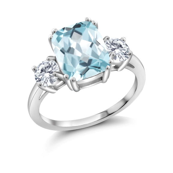 Gem Stone King 3.36 Cttw Sky Blue Simulated Aquamarine and Moissanite 3-Stone Ring for Women | 925 Silver | Cushion 10X8MM | Round 4.5MM | Three Stone Wedding Engagement Anniversary Ring | Size 8