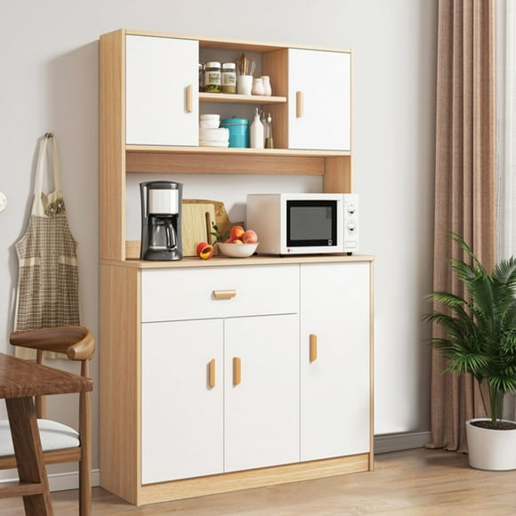 Yedigre Kitchen Pantry Storage Cabinet, Freestanding Hutch Cabinet with Buffet Cupboard, Utility Pantry with Microwave Stand, Household Wall Tall Sideboard with Drawers, Doors and Shelves