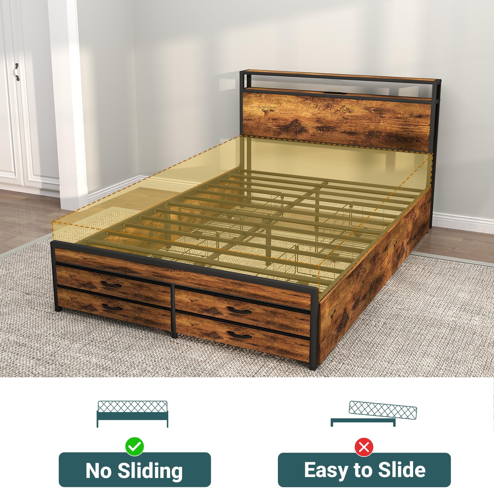 ZIVACATE Queen Bed Frames with Headboard, Queen Size Storage Bed Frame with 8 Drawers, Built-in Charging Ports & Outlets, Adjustable Atmospheric LED Lights, Queen-Size Metal Foundation Beds, Brown
