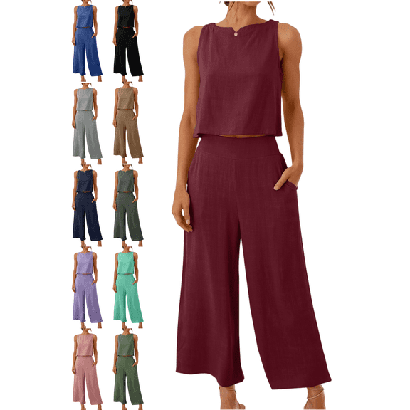 Xdegoge 2 Piece Linen Pants Sets for Women Summer Lounge Outfits Sleeveless Crop Tops High Waisted Loose Wide Leg Pants Ladies Fashion Vacation Matching Clothes Fit Travel Street Party