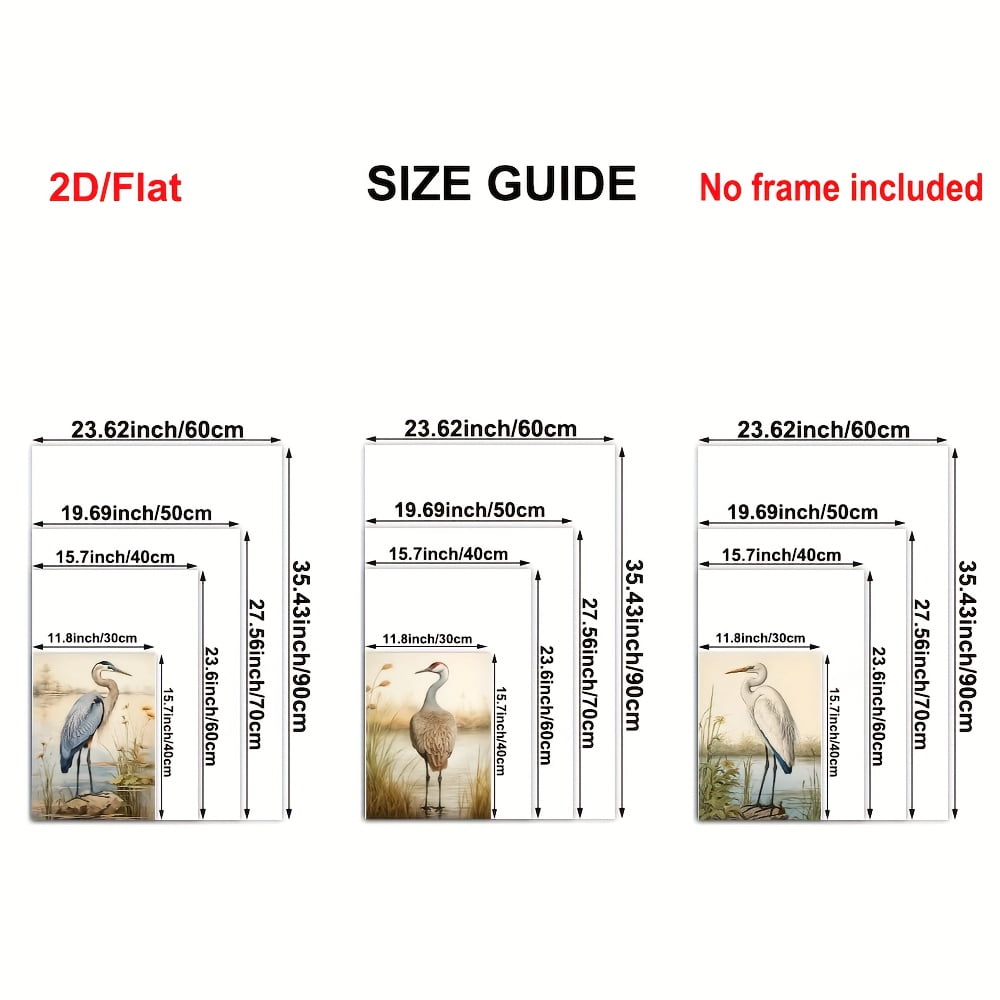 3pcs Room Decor Canvas Art, 2D Frameless Wall Art for Home Decor, Living Room, Bedroom - Coastal Birds Wall Decor, Blue Heron, Great Egret, and Sandhill Crane, Vintage Nature-Inspired Posters, Suita