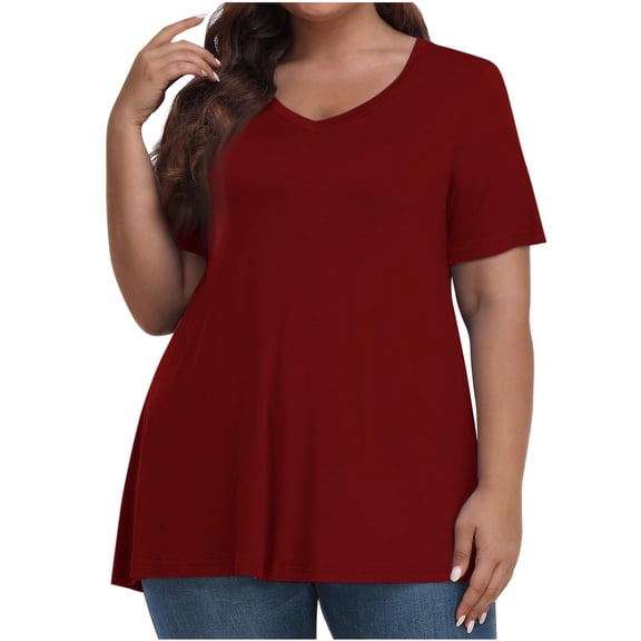 zbxnLI Plus Size Tops for Women V Neck Short Sleeve Blouse Casual Loose Tee Shirts Summer Workout Office Top XL-5XL