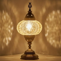 DEMMEX Battery-Operated Turkish Moroccan Mosaic Table Lamp – 12" H, 5" W, Portable Cordless Stained Glass Lantern, Handmade Decorative Light for Bedroom, Patio, Camping, Gold