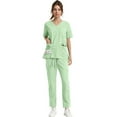 thumbnail image 4 of HKYNLAG Scrub Sets for Woman Solid Color V-Neck Short Sleeve Long Pants Nurse Uniform with Pock Mint Green L, 4 of 6
