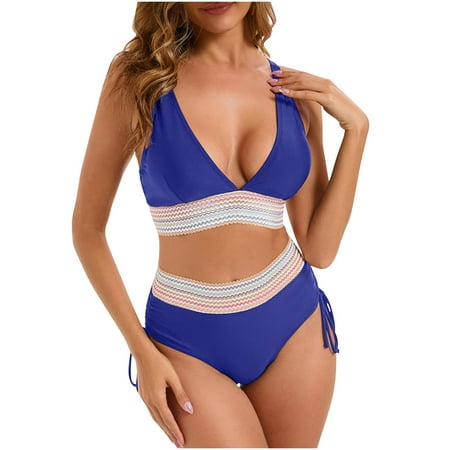 Bigersell Women s High Waisted Bikini Sets  Retro Cheeky Two Piece Swimsuits  Tie Side High Cut Bathing Suits 2 Piece Swimwear for Beach & Pool Blue M