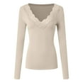 thumbnail image 4 of larppty Long Sleeve Shirts for Women Lace V Neck Ribbed Fitted T-Shirt Dressy Business Casual Blouses 2025 Trendy Fall Tops（Beige，L）, 4 of 7