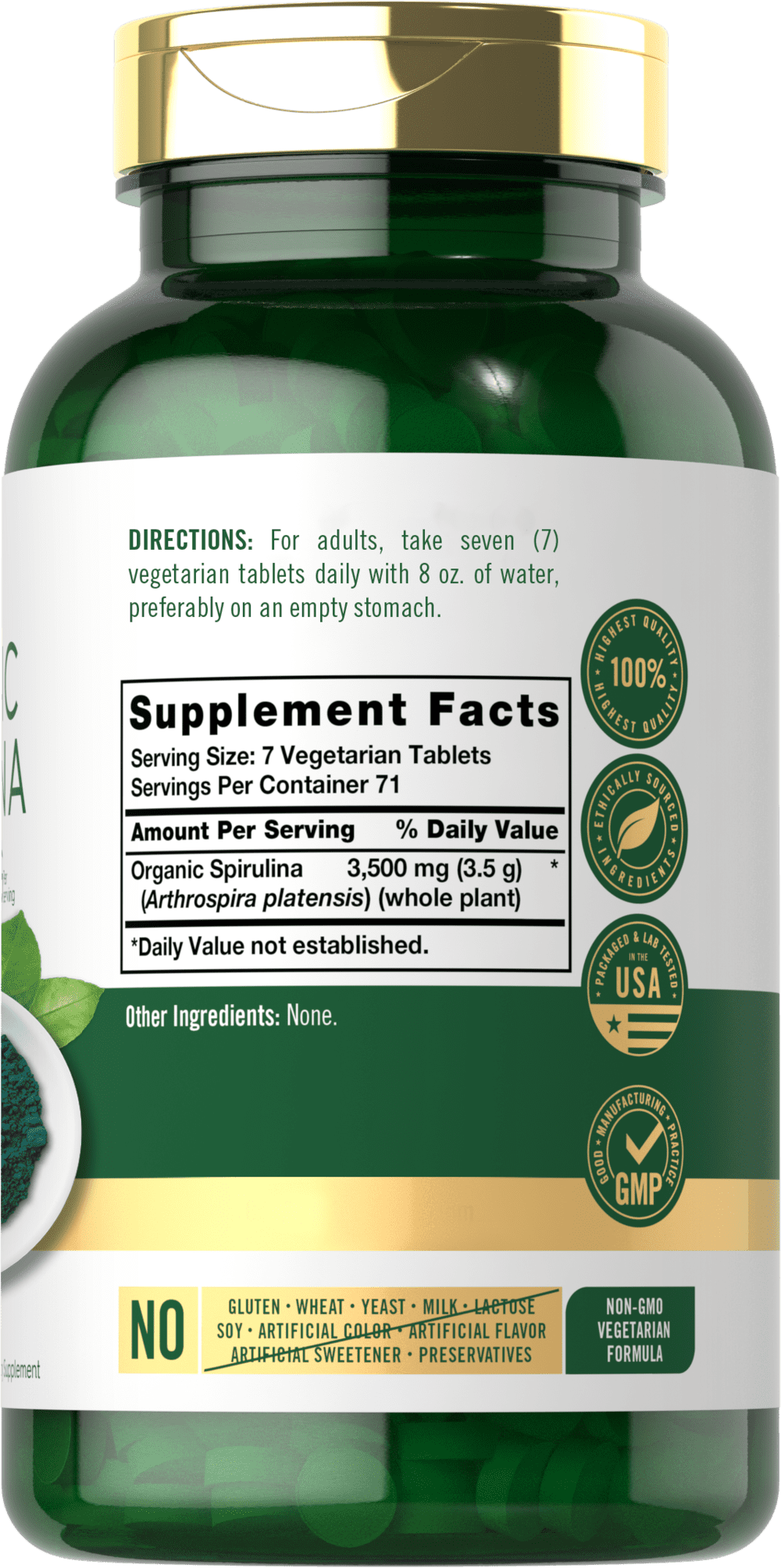 Organic Spirulina Capsules 3500mg | 500 Tablets | Non-GMO & Gluten Free | By Carlyle