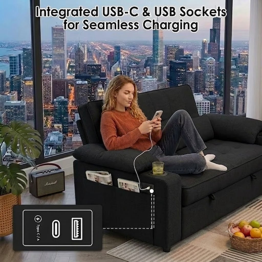 58" Convertible Sofa Bed Pull Out Couch Sleeper Loveseat with Teddy Fabric USB Charging Ports Adjustable Backrest Cup Holders and Side Pocket for Living Room Apartment Small Spaces,Black