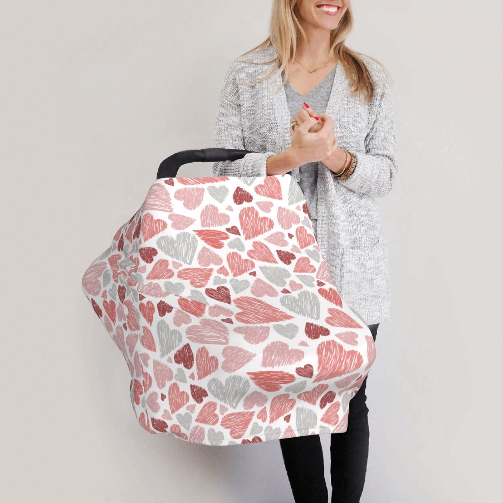 Fotbe Hand Drawn Hearts Pattern Car Seat Covers for Babies, Nursing Breastfeeding Cover Infant Carseat Canopy, Soft Stretchy Carrier Cover