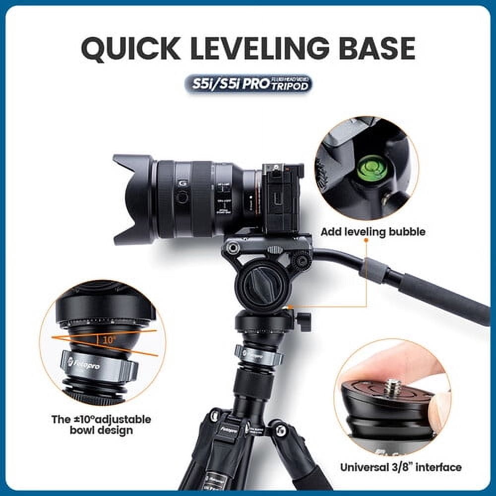 Fotopro 64-inch Aluminum Tripod for Camera, Heavy-Duty Video Tripod Stand with Quick Leveling Base, 1/4” and 3/8” Universal QR Plate, S5i Pro