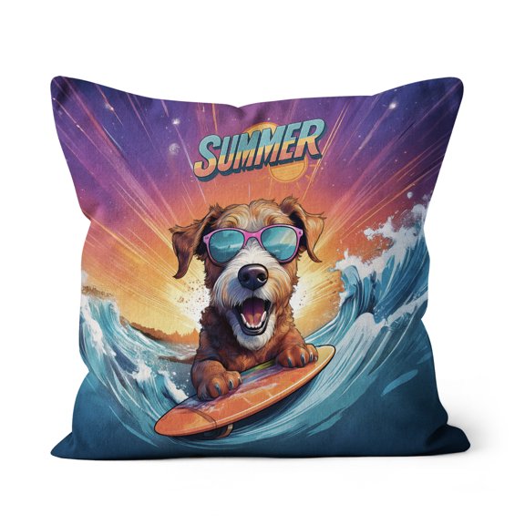 Retro Surfing Airedale Terrier in Cool Sunglasses Hello Summer Waves Pillow Cushion Double Sided Dale Waterside Dog Lover Throw Pillow - 10001