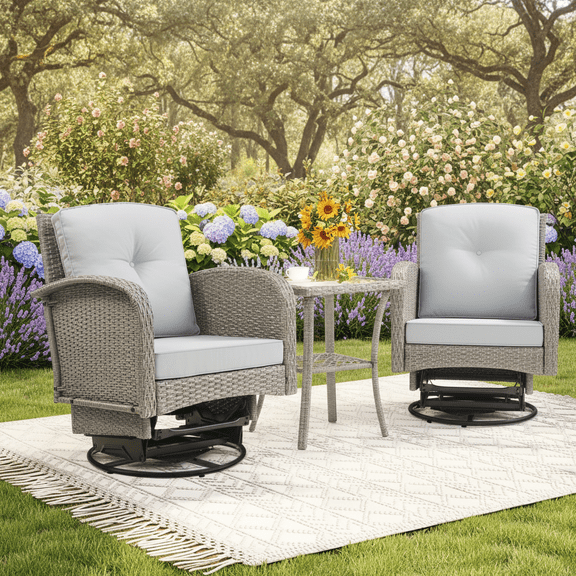 Three-Piece Outdoor Swivel Rocking Chair Set, with 26-inch Weather-Resistant Wide Seat and Glass Coffee Table, 330-pound Weight Capacity, Suitable for Porches, Gardens, and Backyards (Light Gray)